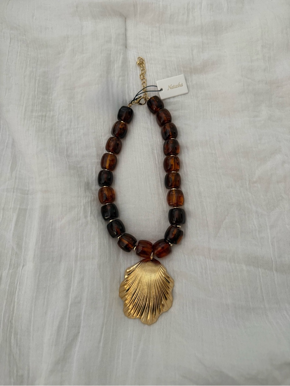 Natasha Amber Bead Necklace with Gold Shell Pendant (new with tag)